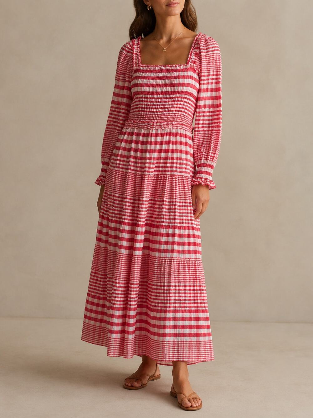 Marie Oliver Hattie Dress Womens 6 Red Cherry Check Smocked Silk Cotton Tiered